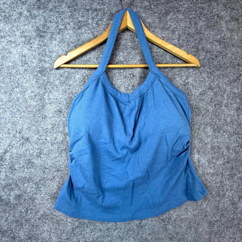 OGL Ribbed Halter Top Womens‎ 2XL Blue Built-in Shelf Bra Side Ruched Detail
